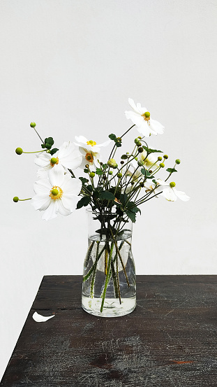 glass vase with white wildflowers resting on a wooden table