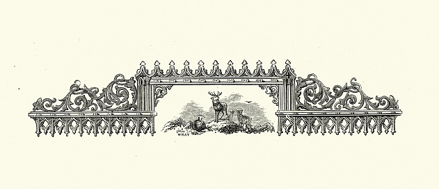 Vintage illustration Victorian design element, scroll owrk and stag, deer, 19th Century