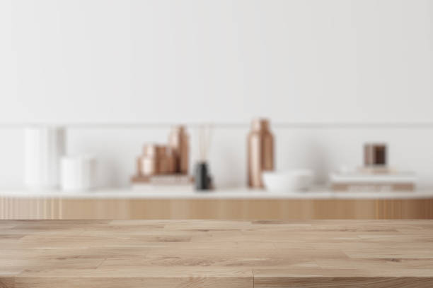 istock Empty wooden table and blurred drawer with decoration, mock up product display 2022418579