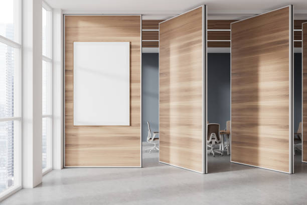 istock Modern meeting room interior with board and chairs, window. Mock up poster 2022419099