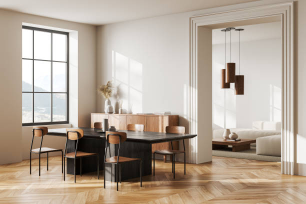 istock Beige home living room interior with eating table and relax zone, window 2022420676