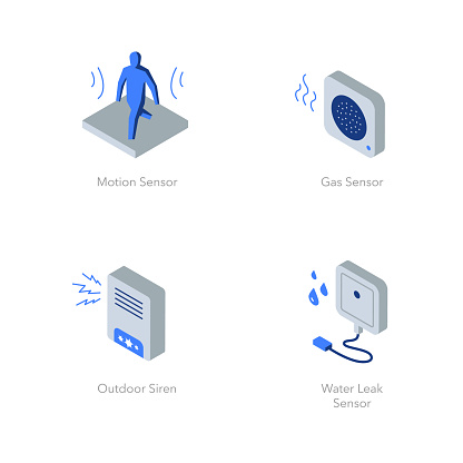 Simple set of isometric flat icons for home security 2. Contains such symbols as Motion sensor, Gas sensor, Outdoor siren and Water leak sensor.