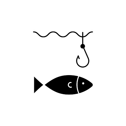 Fishing solid icon design on a white background. This black flat icon suits infographics, web pages, mobile apps, UI, UX, and GUI designs.