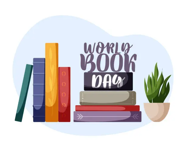 Vector illustration of World book day. Stack of various books. Pile of colorful books. Hand drawn educational vector illustration. Bookstore, bookshop, book lover concept.