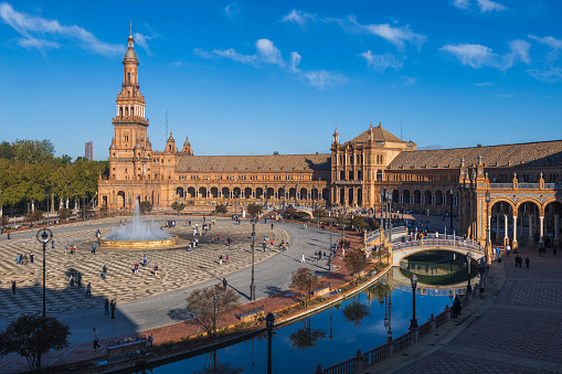 Seville, Andalusia, Spain - October 24, 2023: Plaza de Espana, city square in Maria Luisa Park, built for the Ibero-American Exposition of 1929.