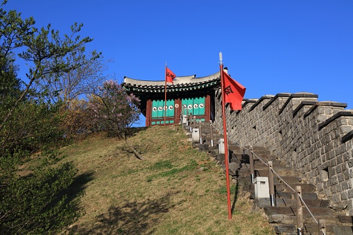 Suwon city, South Korea. Walls of Hwaseong Fortress. UNESCO World Heritage Site.