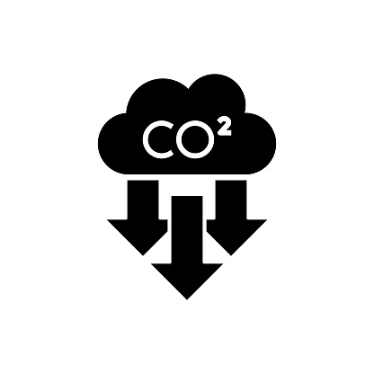 Reducing Carbon Emissions solid icon design on a white background. This black flat icon suits infographics, web pages, mobile apps, UI, UX, and GUI designs.