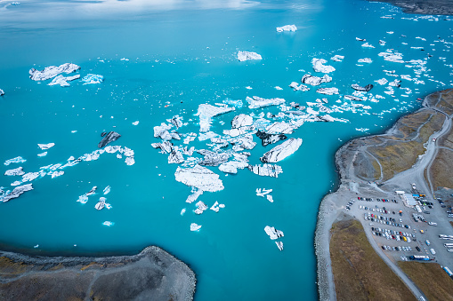 Aerial view of Jokulsarlon glacier lagoon with iceberg floating during summer in Vatnajokull national park, Iceland
