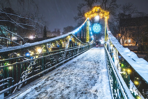 The Opole's Penny Bridge illuminated in winter