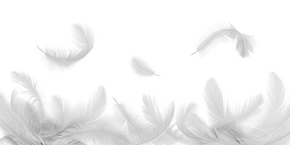 Flying feathers fall down on pile realistic vector illustration. White tender birds plumage 3d design elements on white background