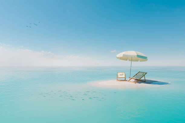 Solitary Beach Chairs and Umbrella on a Secluded Sandbar
