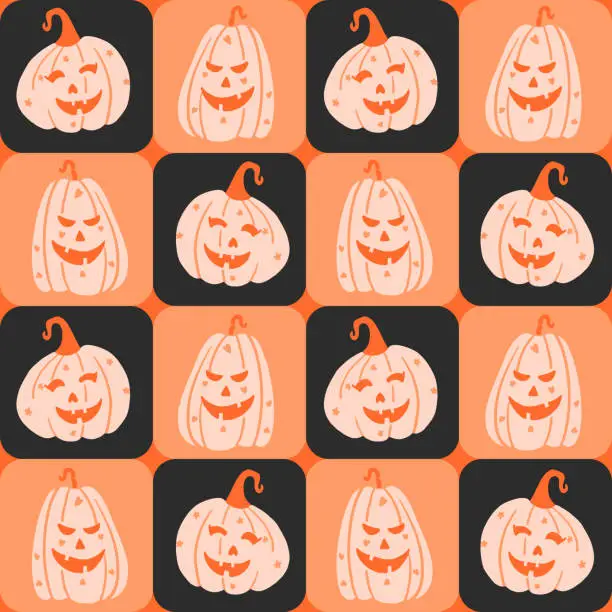 Vector illustration of Jack o Lantern in Checks Vector Seamless Pattern