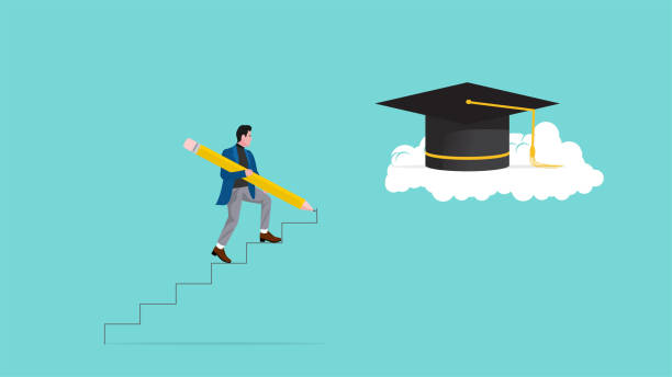 istock efforts to achieve higher education, cost to graduate high degree education, man uses a pencil to make a ladder leading to the graduation cap so he can achieve high education vector illustration 2022465540