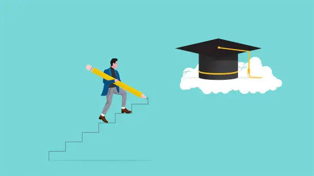 Vector illustration of efforts to achieve higher education, cost to graduate high degree education, man uses a pencil to make a ladder leading to the graduation cap so he can achieve high education vector illustration