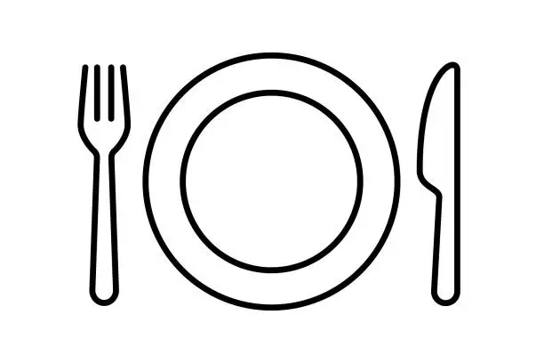 Vector illustration of Plate, fork and knife icon with editable stroke