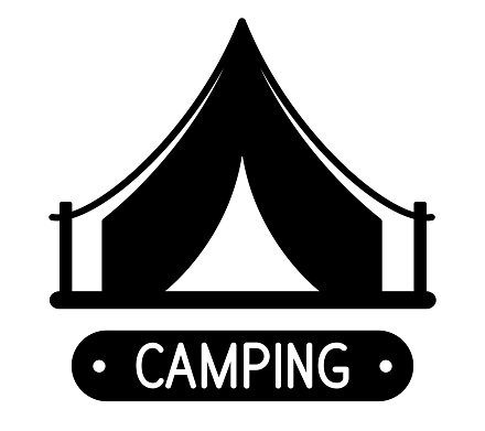 Camping icon. Tent against the background of the forest. Vector flat icon isolated on white background.