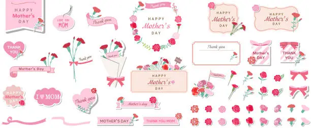 Vector illustration of Mother's Day frames, banners, icons, footages, illustration set.　Vector illustration templates. Carnation decoration.