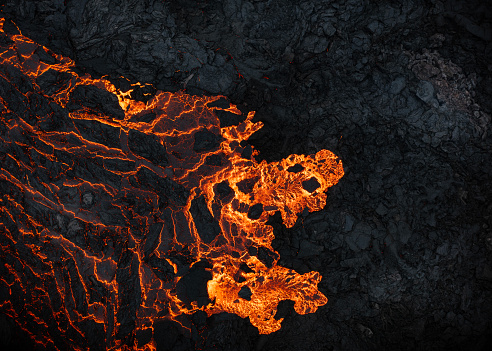 Aerial view of the volcano in Iceland, close-up of lava field