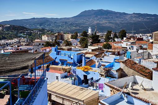 Rooftop viewpoint of city landscape of Chefchaouen, Morocco, North Africa.