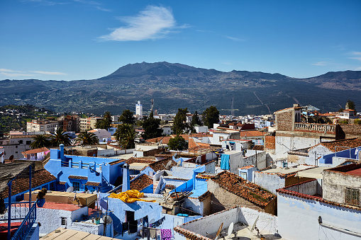 Rooftop viewpoint of city landscape of Chefchaouen, Morocco, North Africa.