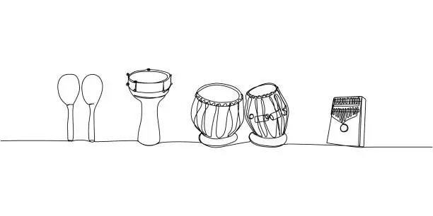 Vector illustration of African musical instruments set one line art. Continuous line drawing of drums, maracas, darbuka, bongos, kalimba, doumbek