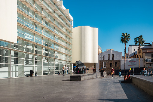 Barcelona, skaterboarders at MACBA Museum of Contemporary Art. El Raval district.