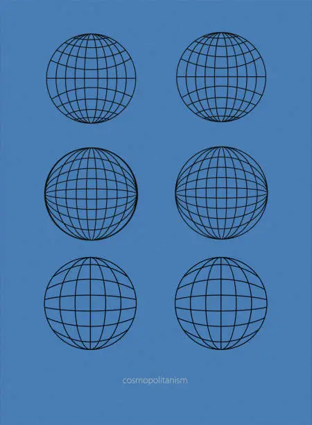 Vector illustration of Six spherical grids on a blue background, symbolizing a global or worldly theme. Modern aesthetics, minimalist art.