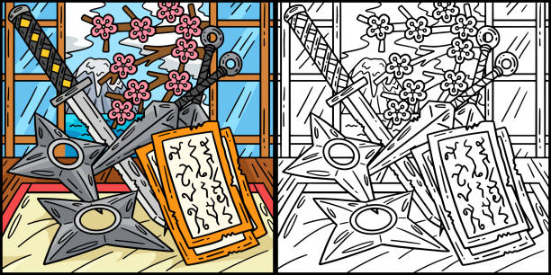 Ninja Tools Coloring Page Colored Illustration This coloring page shows Ninja Tools. One side of this illustration is colored and serves as an inspiration for children. ninja stars drawing stock illustrations