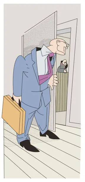 Vector illustration of a man with a briefcase opens the court door and looks in