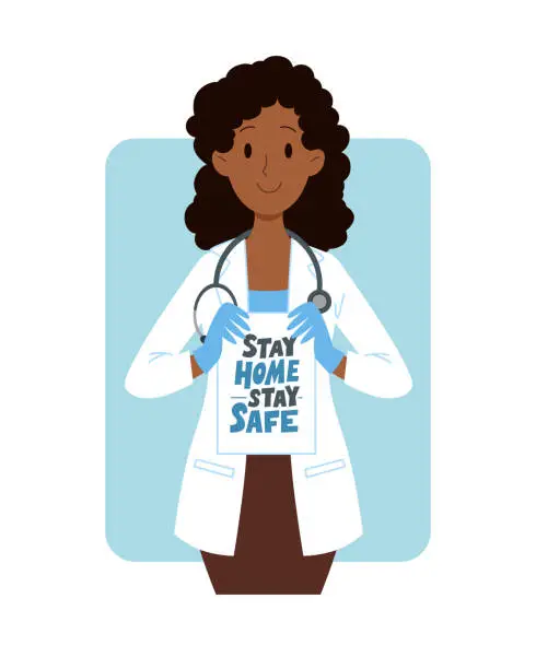 Vector illustration of Vector cartoon African American woman doctor in white coat and message in hands.
