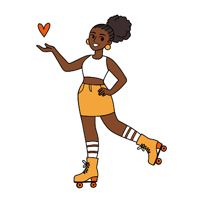 Roller skating girl standing with heart symbol in hand. African American young woman in summer outfit. Cartoon vector illustration for poster, social media, advert, or print. Hobby, sports lifestyle.