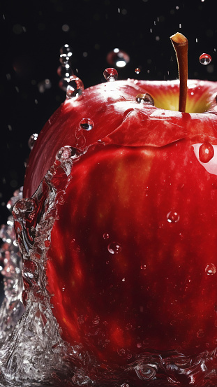 Red apple and water drop isolated on black