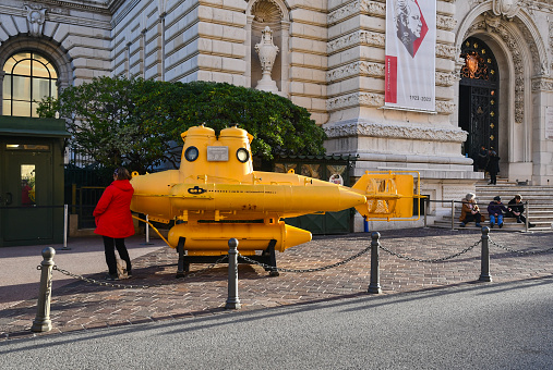 Monaco Monte-Carlo, Principality of Monaco - 01 04 2024: Anorep I is the name of this submarine exposed outside the Oceanographic Museum.