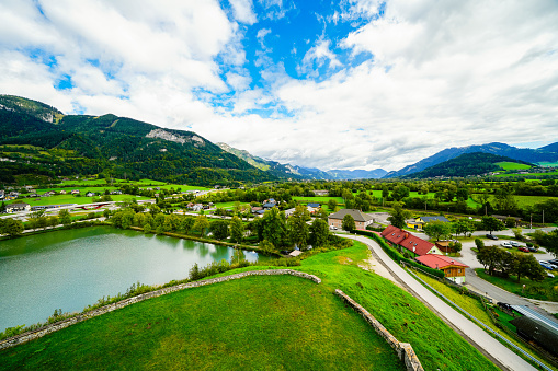 View of the landscape near Trautenfels Castle near Liezen in Styria. Nature in the Salzkammergut in Austria.