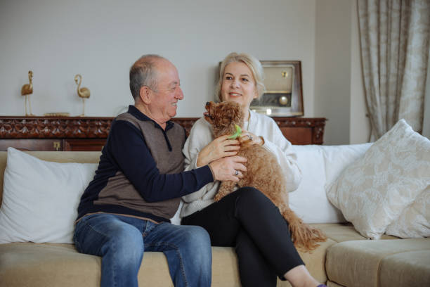 istock Happy senior couple with dog relaxing while sitting on the sofa 2022564568