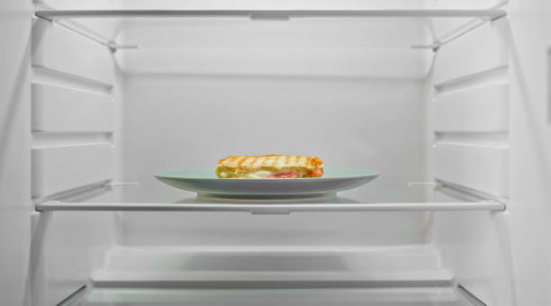 istock Plate with a half eaten toast in an empty fridge 2022569601