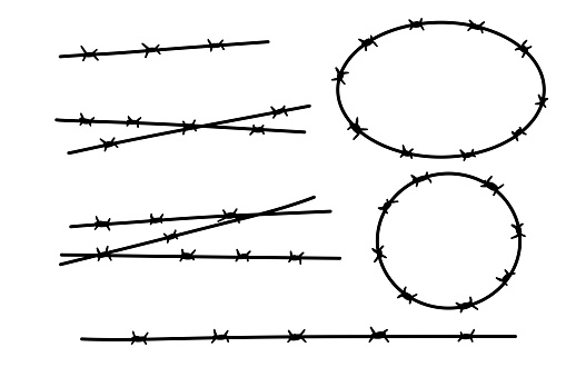 Barbed Wire. Barbwire chain boundary. Sharp spike chain. Security and protection. Military border, element of army camp and jail, prison. Border and barrier