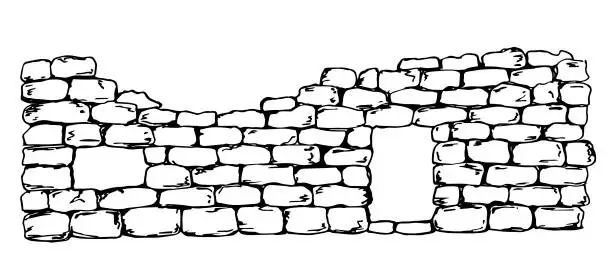 Vector illustration of Ancient stone wall made of bricks, historical ruins, medieval castle. Simple vector drawing with black outline. Sketch in ink.