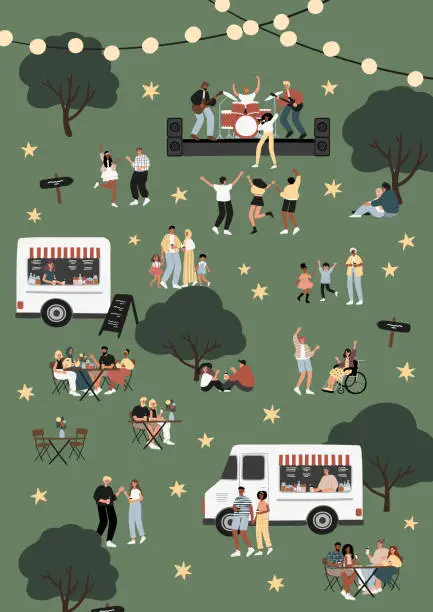 Vector illustration of Open-air concert at music festival poster, musicians performing on stage card, people dancing, enjoying drink at food truck, having fun in park vector illustration, characters spending time outdoors.