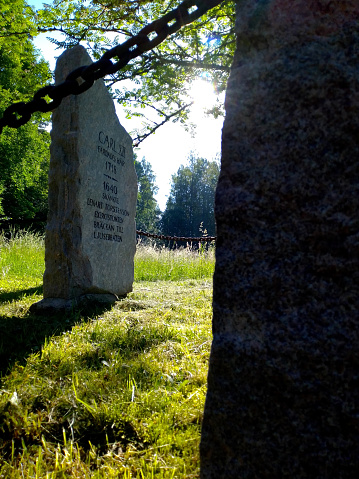 Close-up of memorial stone at Karl XII way across Kroppefjäll, Dalsland
