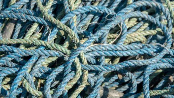 Photo of Fishing nets and ropes on the quay of the port of Urla Izmir, Turkey