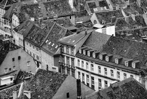 black and white view to old town of Graz, Austria