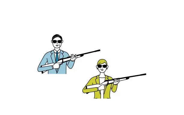 Vector illustration of Simple line drawing of man and woman in suits(Middle-aged, president, supervisor), sniper wearing sunglasses and holding a rifle