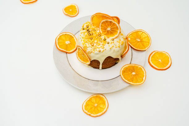 Traditional ukrainian easter cake on a white table. Happy easter, spring holiday