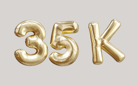 35k gold balloon foil text 3d. Thank you, achievement, followers, subscribers, celebration number illustration