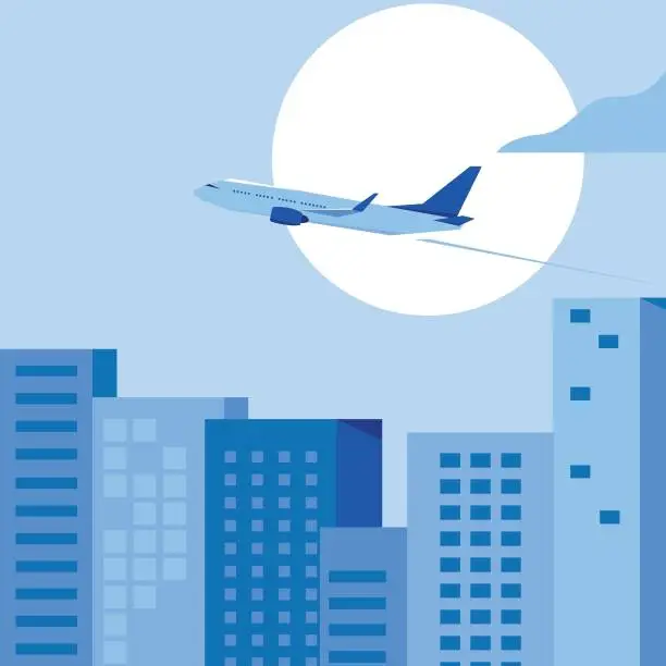 Vector illustration of Airplane flying above city town buildings. Traveling tourism vacation concept.