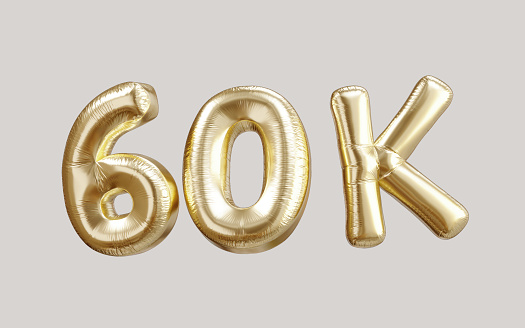 60k gold balloon foil text 3d. Thank you, achievement, followers, subscribers, celebration number illustration