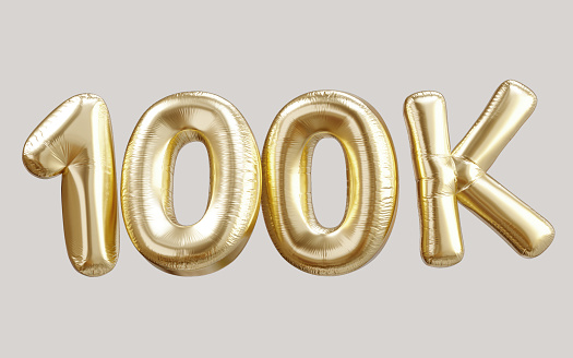 100k gold balloon foil text 3d. Thank you, achievement, followers, subscribers, celebration number illustration