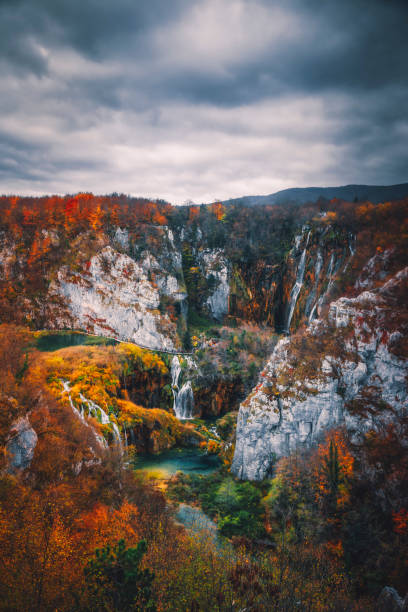 Plitvice Lakes during the day with waterfall and rushing water