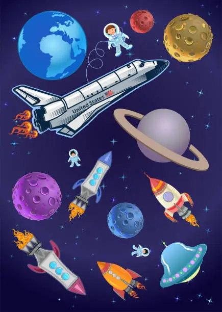 Vector illustration of Astronaut kids on the rocket in space expedition.